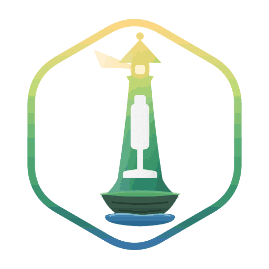 The Lighthouse Cleaning mark: a lighthouse that is also an upright vacuum, inside a hexagon